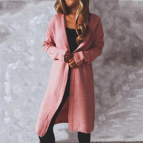 Autumn and winter solid color long sleeve hooded knitted cardigan